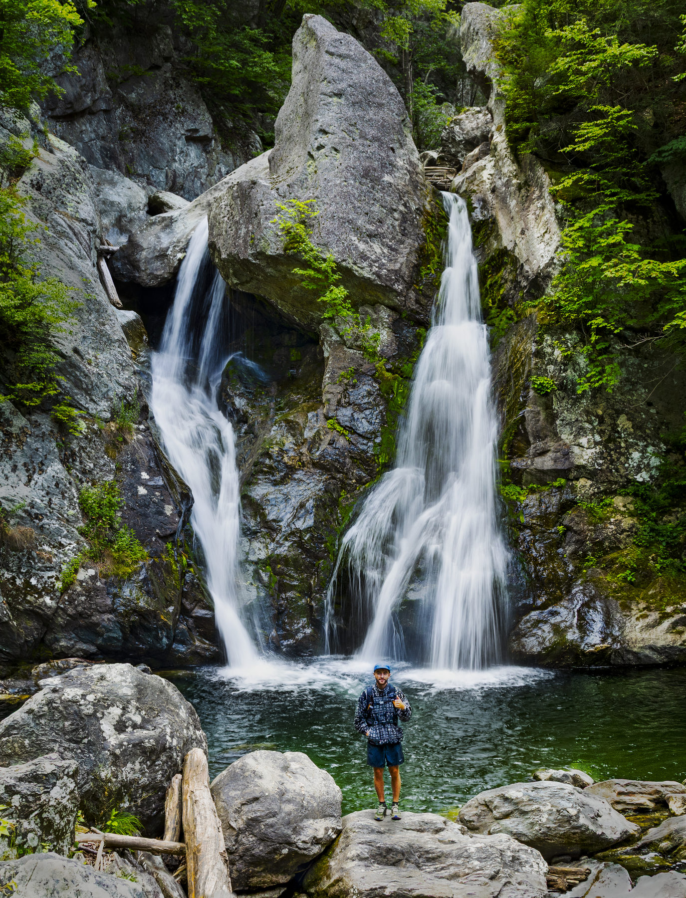 Thumbs up in the pool below the twin cascades of Bash Bish Falls
